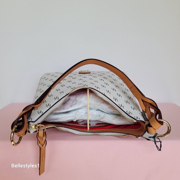 DOONEY & BOURKE Bryce Signature Logo Print Coated Fabric Hobo Bag- Bone color⭐ - Picture 11 of 16